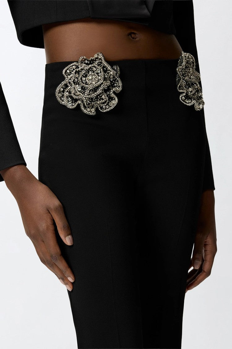 Pinko Black Crystal Rose Appliques Viscose-Blend Flared Pants