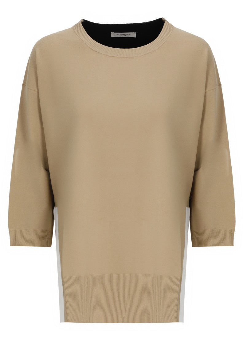 Kangra Beige Viscose Color-Block Crewneck Sweater