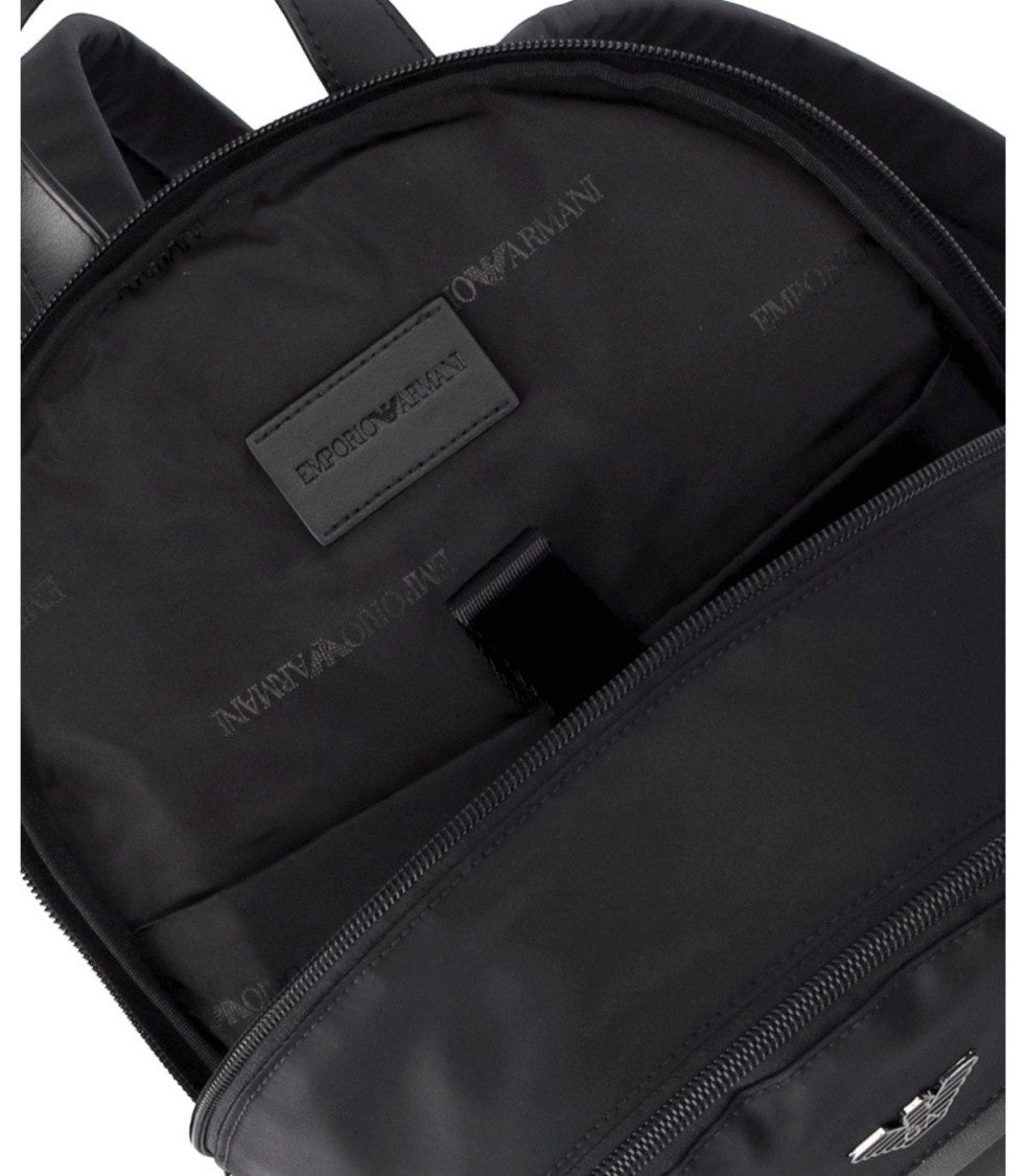 Emporio Armani Rounded Black Nylon Backpack With Leather Accents