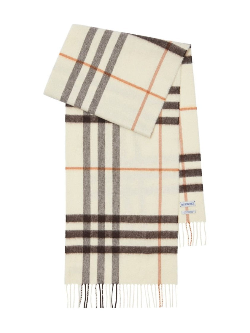 Burberry Beige Check Cashmere Fringing Scarf