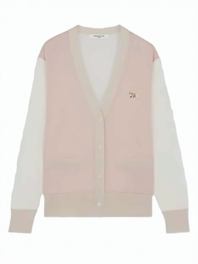 Maison Kitsuné Color-Block Wool Cardigan With V-Neckline And Embroidered Fox Logo