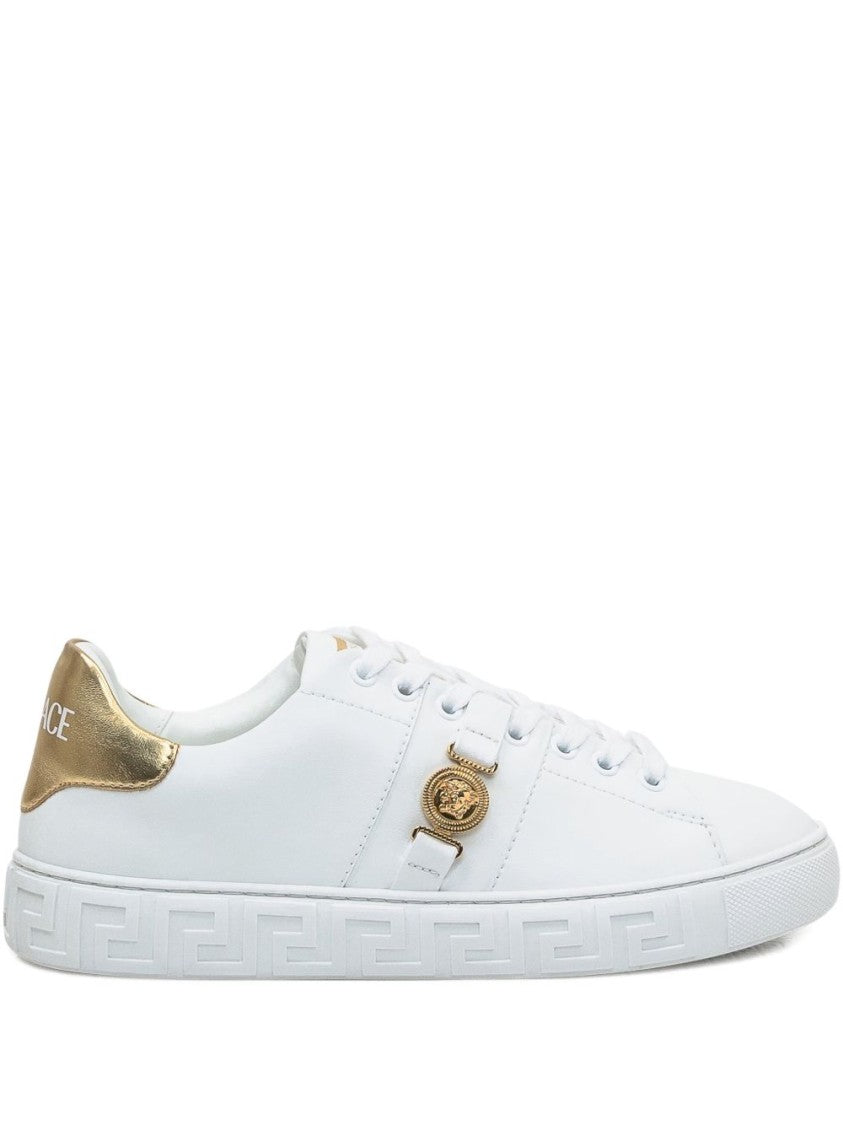 Versace White Greek-Key Pattern Leather Sneakers
