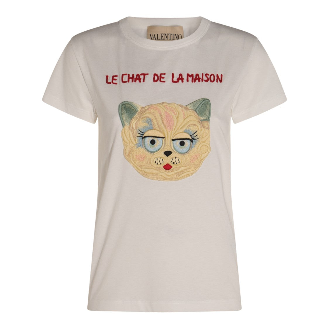 Valentino Ivory T-Shirt With Playful Embroidered Cat Face