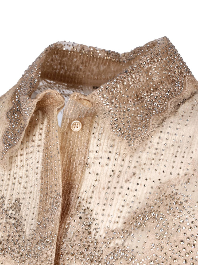 Ermanno Scervino Beige Lace Rhinestone Classic Collar Shirt