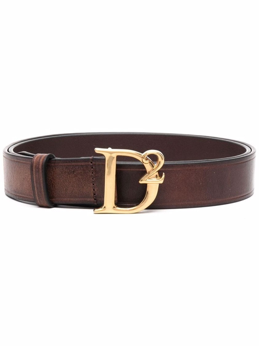 Dsquared2 Brown Leather Belt With Gold Logo Buckle