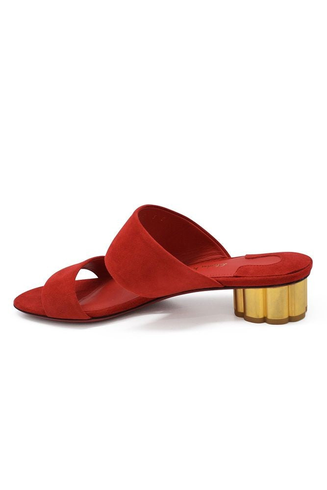 Salvatore Ferragamo Red Suede Mules With Golden Flower Heel