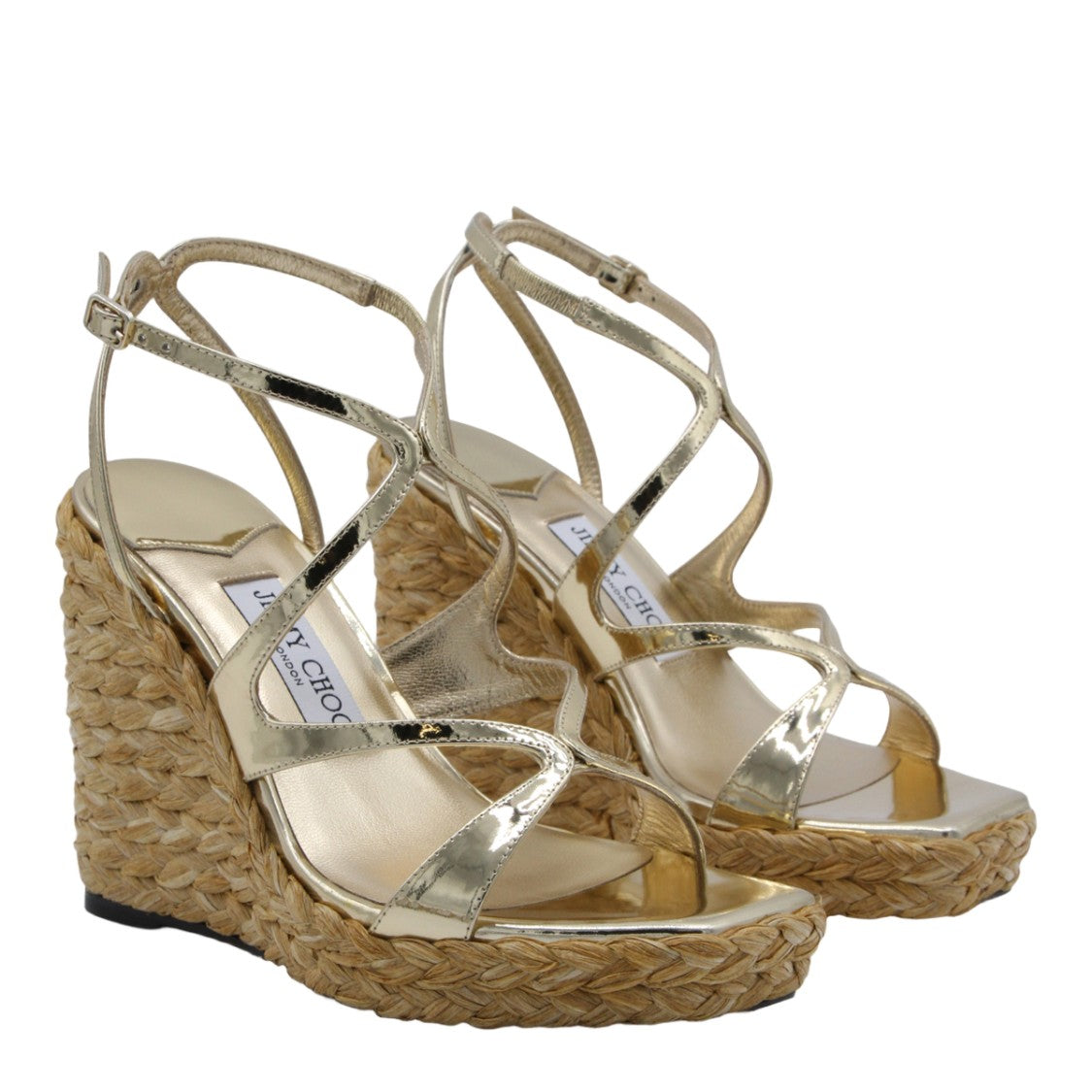 Jimmy Choo Golden Wedge Sandals With Crisscross Straps