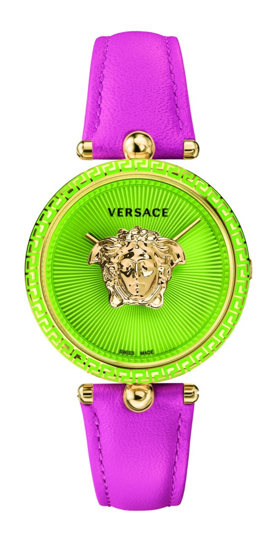 Versace Gold-Tone Stainless Steel Versace Watch With Green Dial And Pink Calfskin Strap