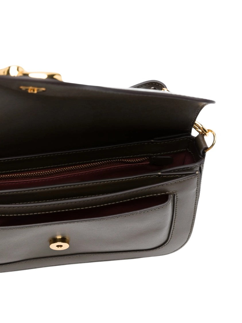 Coccinelle Rectangular Grey Leather Shoulder Bag With Gold-Tone Logo Plaque