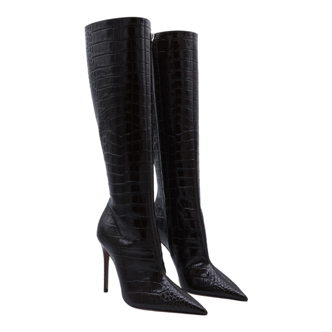 Paris Texas Tall Pointed Toe Boots With Crocodile Texture And Stiletto Heel