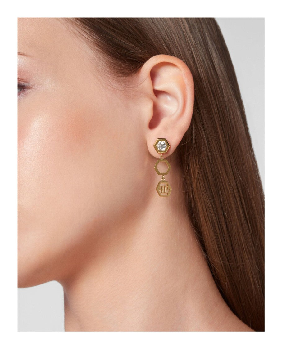 Philipp Plein Hexagonal Spike Crystal Earrings In Polished Stainless Steel