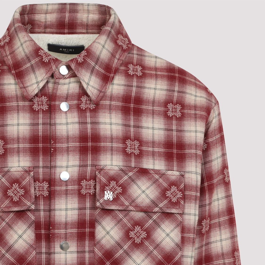 Amiri Plaid Button-Up Shirt With Floral Embroidery In Vibrant Red
