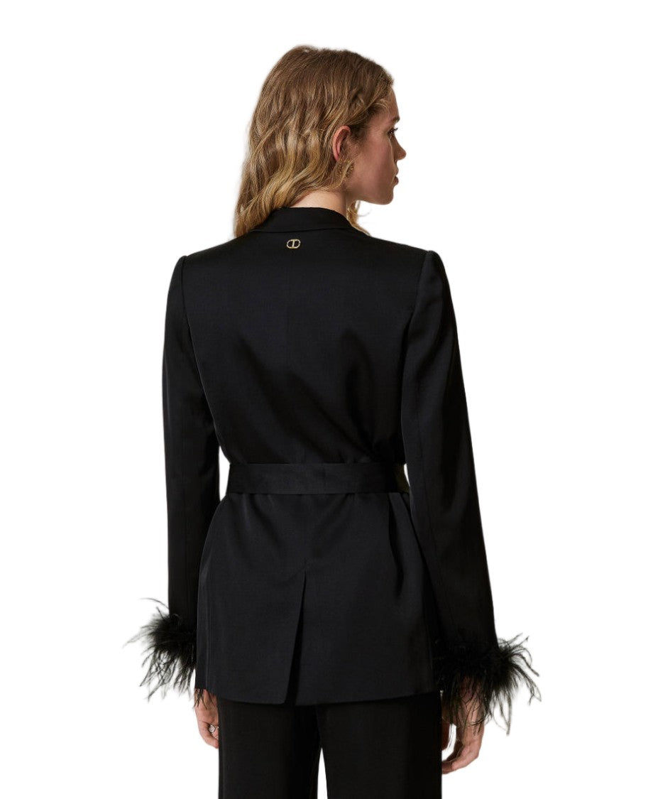 Twin-Set Black Viscose Satin Feather-Trimmed Cuffs Blazer