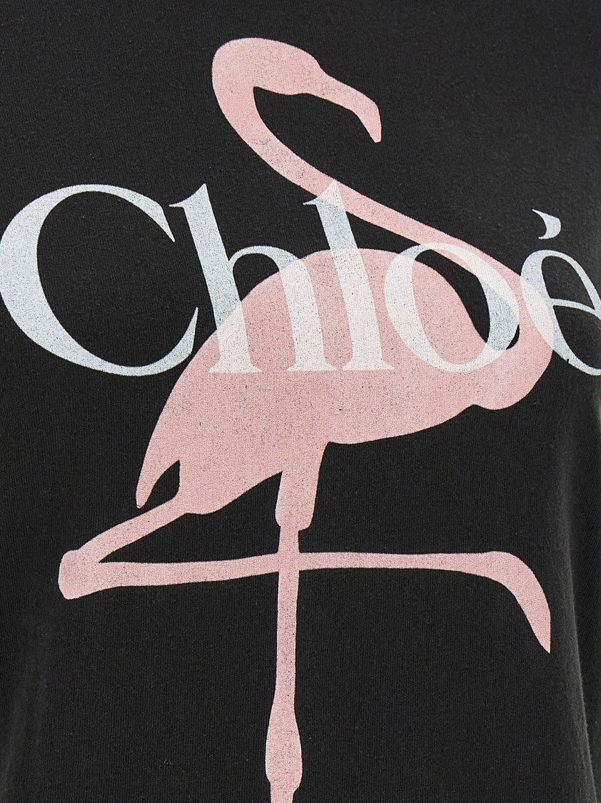 Chloé Graphic Black Cotton Jersey T-Shirt With Flamingo Print