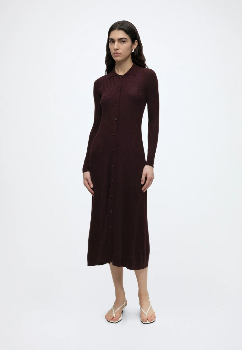 Lacoste Ribbed Knit Button-Down Midi Dress