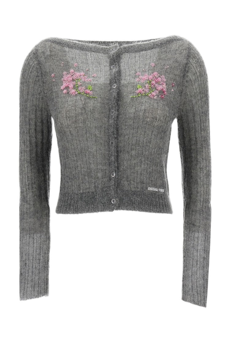 Shushu/Tong Grey Beaded Floral Wool-Blend Cardigan