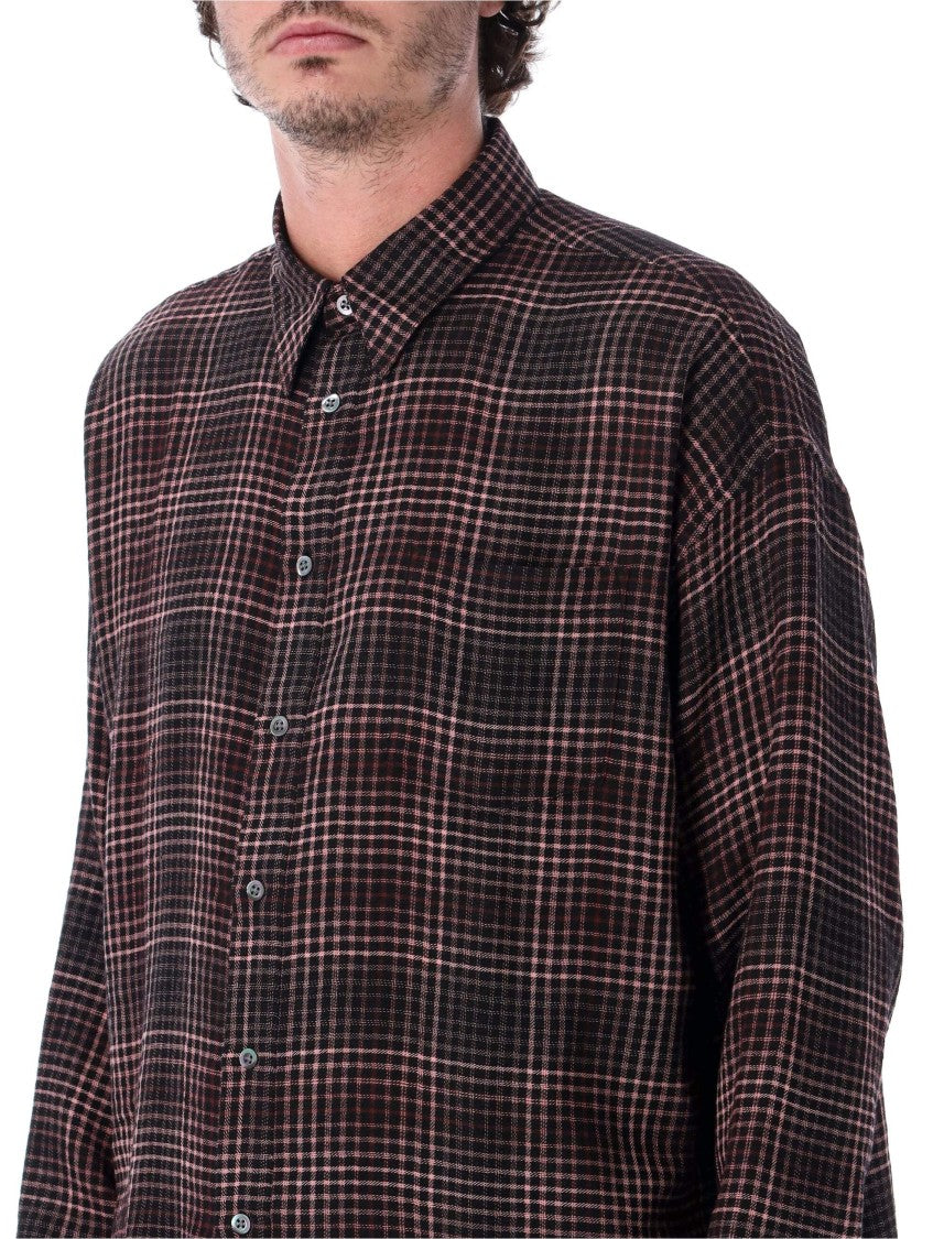 Sunflower Stable Pink Black Check Slub Wool-Blend Curved Hem Shirt
