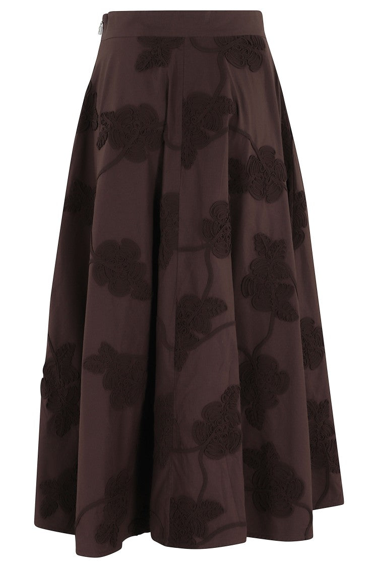 Rotate Brown Flower Embroidered Flared Cotton Maxi Skirt