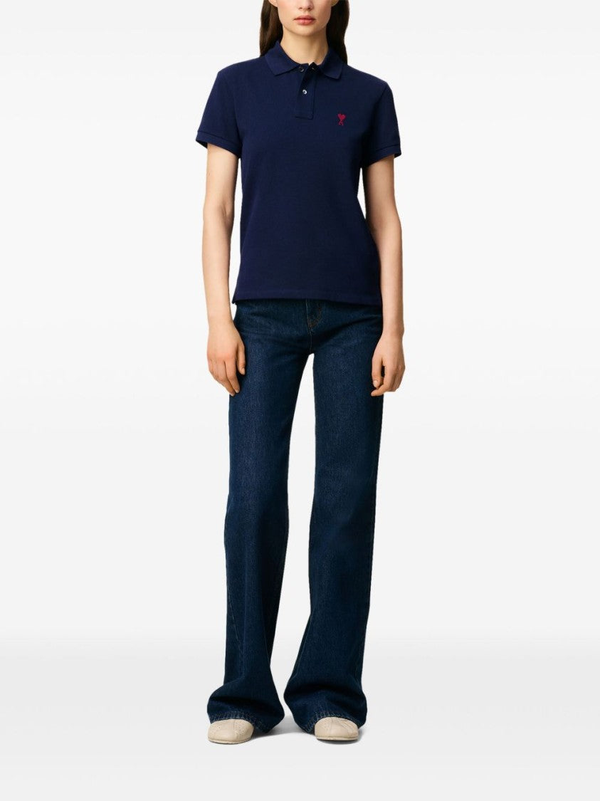Ami Paris Blue Piqué Weave Embroidered Logo Polo