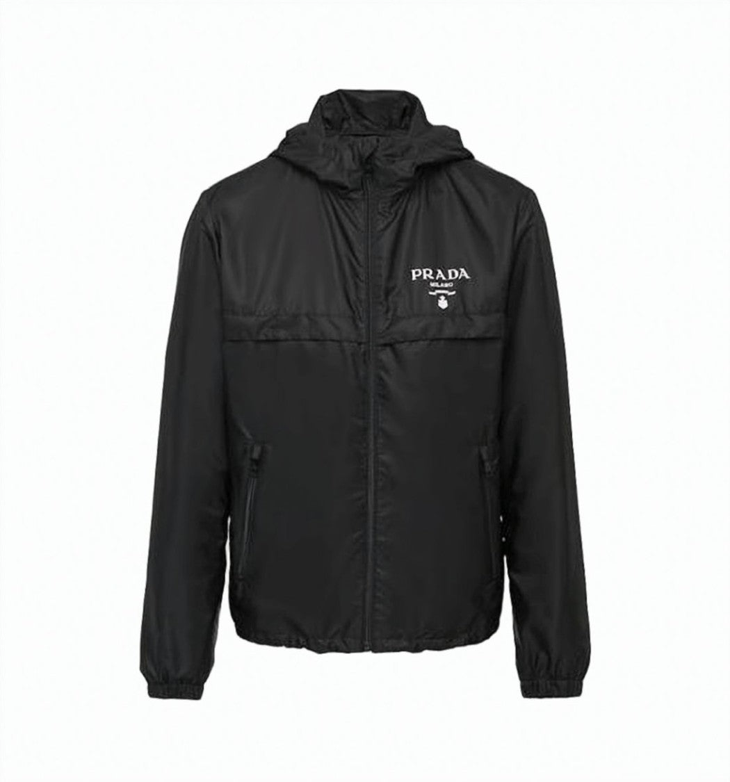 Prada Sleek Black Recycled Polyamide Jacket With Hood And Zippered Pockets