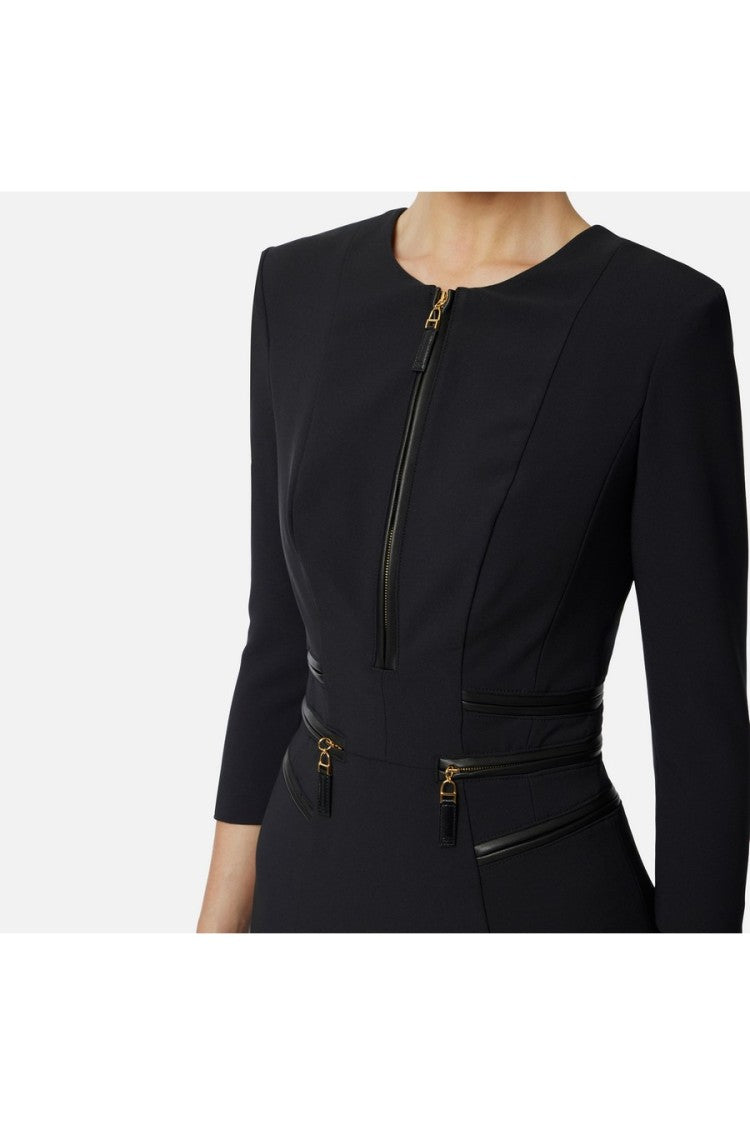 Elisabetta Franchi Black Leather-Trimmed Zip-Front Polyester-Blend Mini Dress