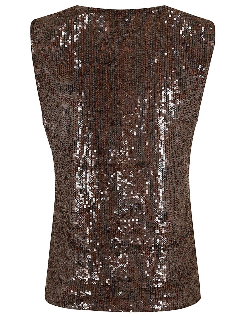 Parosh Sequined Sleeveless Top With Classic Crew Neck