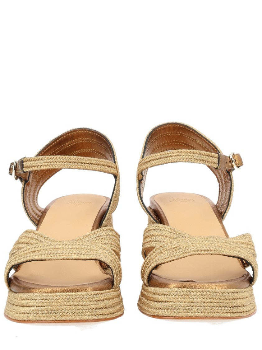 Castaner Neutrals Crisscross Straps Metallic Block Sandals