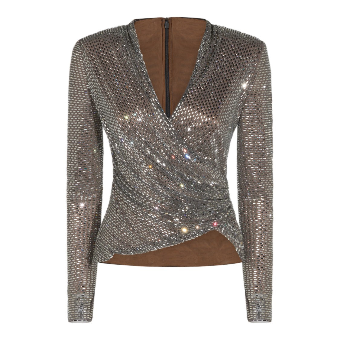 Self-Portrait Fitted Long-Sleeved Top With Deep V-Neckline And Reflective Sequins