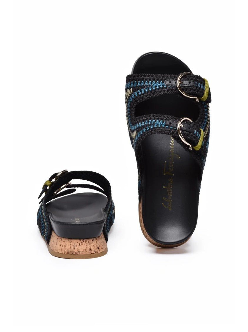 Salvatore Ferragamo Shaula Raffia Wedge Mules - Black