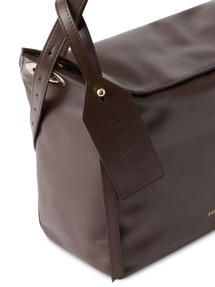 Furla Dark Brown Ginevra M Structured Leather Shoulder Bag