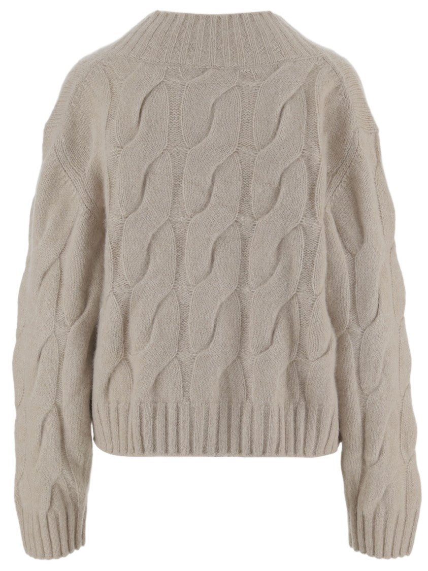 Allude Beige Cable Knit V-Neck Cashmere-Silk Sweater