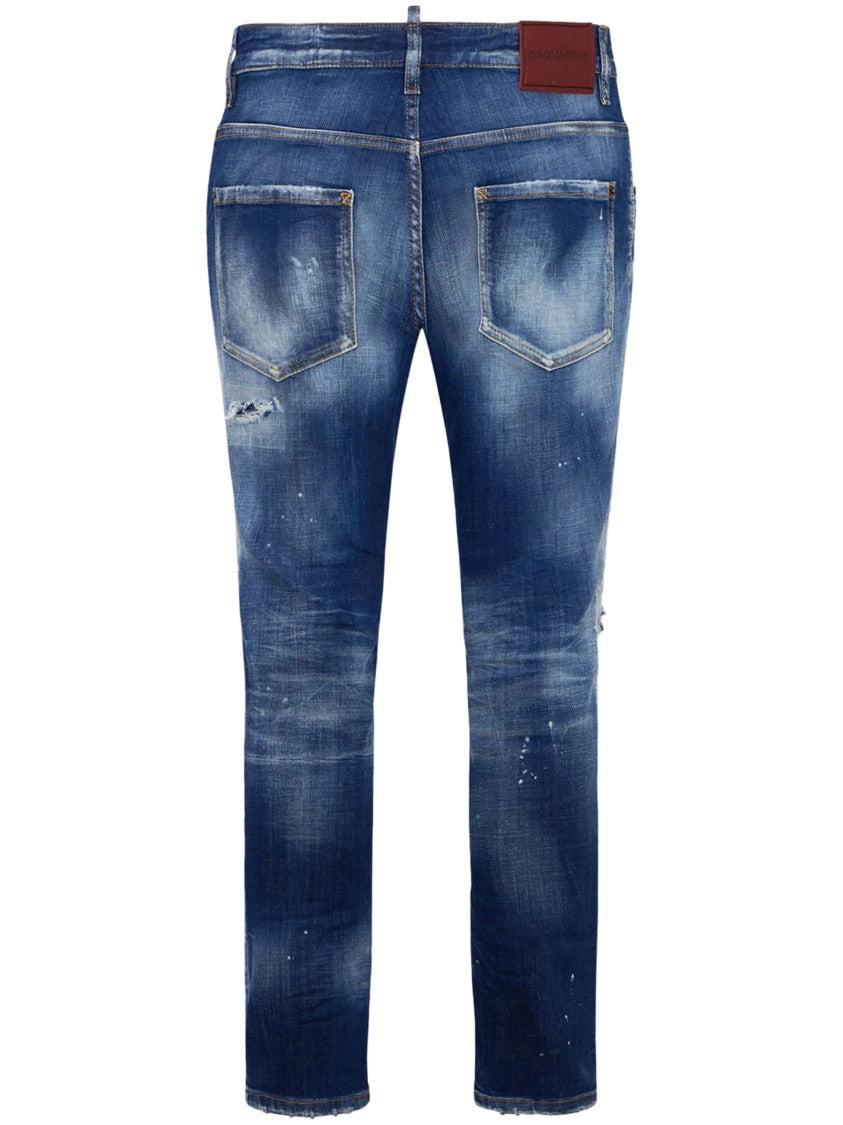 Dsquared2 Distressed Medium Blue Denim Trousers With Paint Splatter Details
