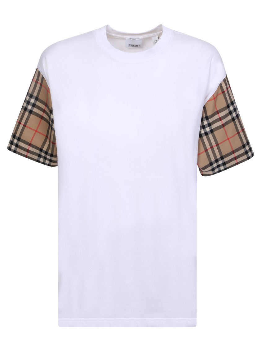 Burberry White T-Shirt With Contrasting Check Motif Sleeves