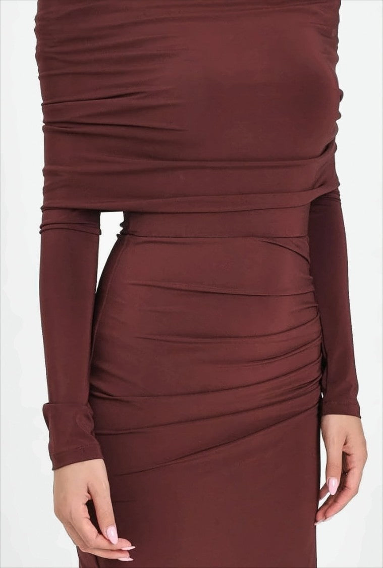 Max Mara Burgundy Jersey Midi Dress With Asymmetrical Gathering