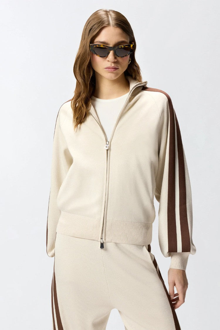 Pinko Beige Contrast Striped Sleeve Zip Viscose-Blend Zip-Through Knit