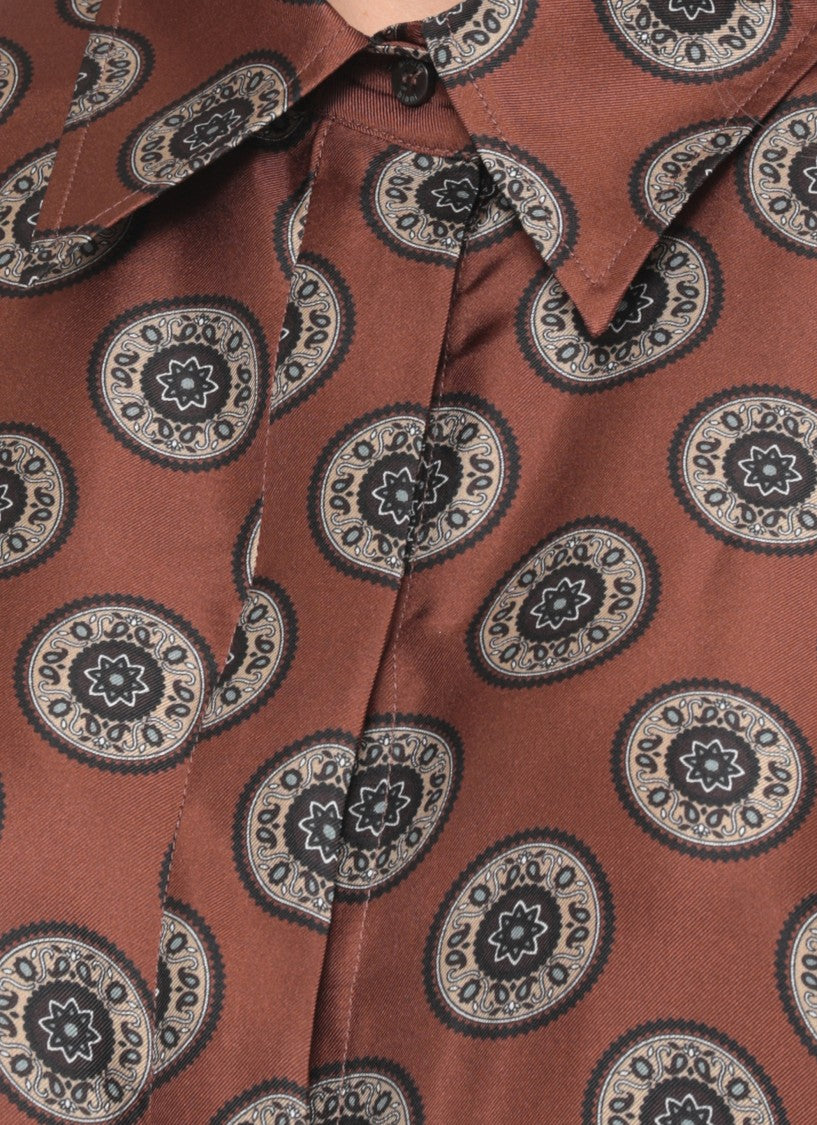 Alberto Biani Brown Spherical Print Classic Collar Silk Shirt