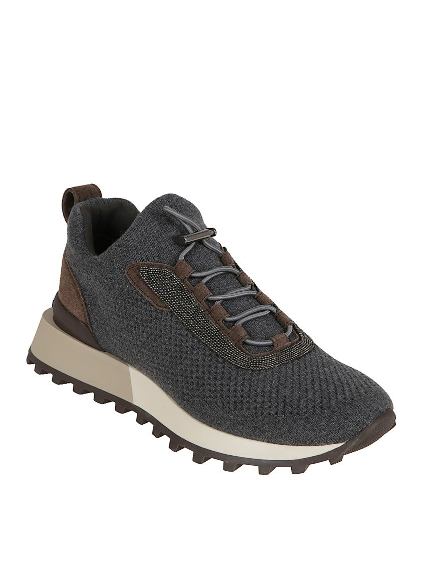 Brunello Cucinelli Knitted Low-Top Sneakers With Two-Tone Pattern And Jewel Accents