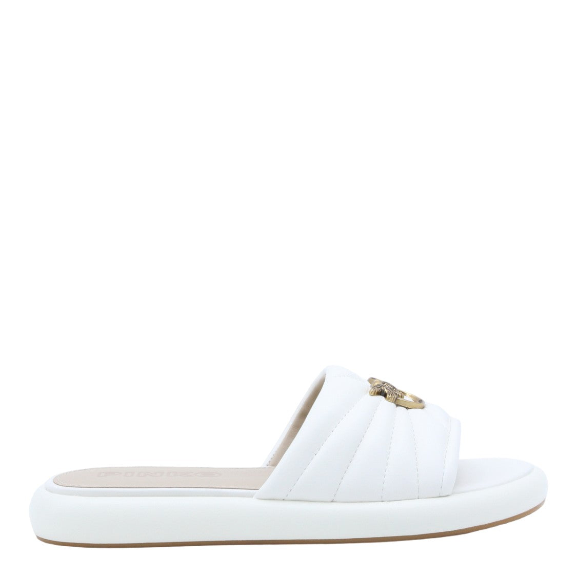 Pinko Quilted White Open-Toe Flats With Decorative Emblem