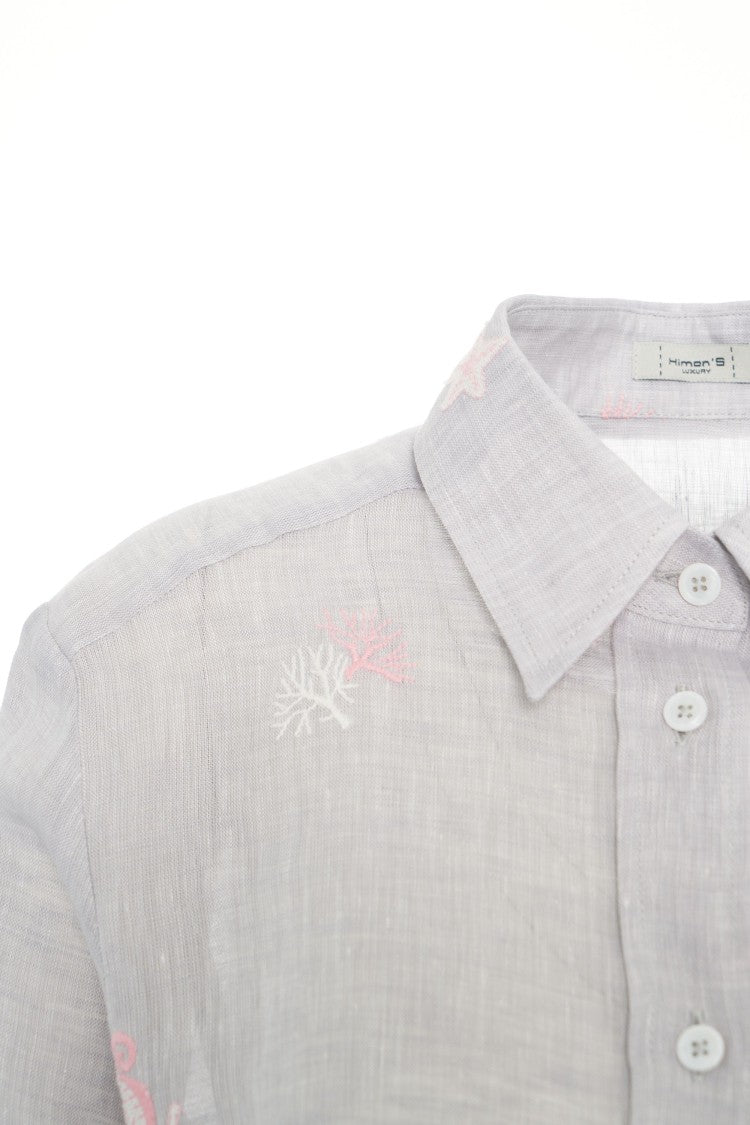Himons Grey Linen Blouse With Embroidery