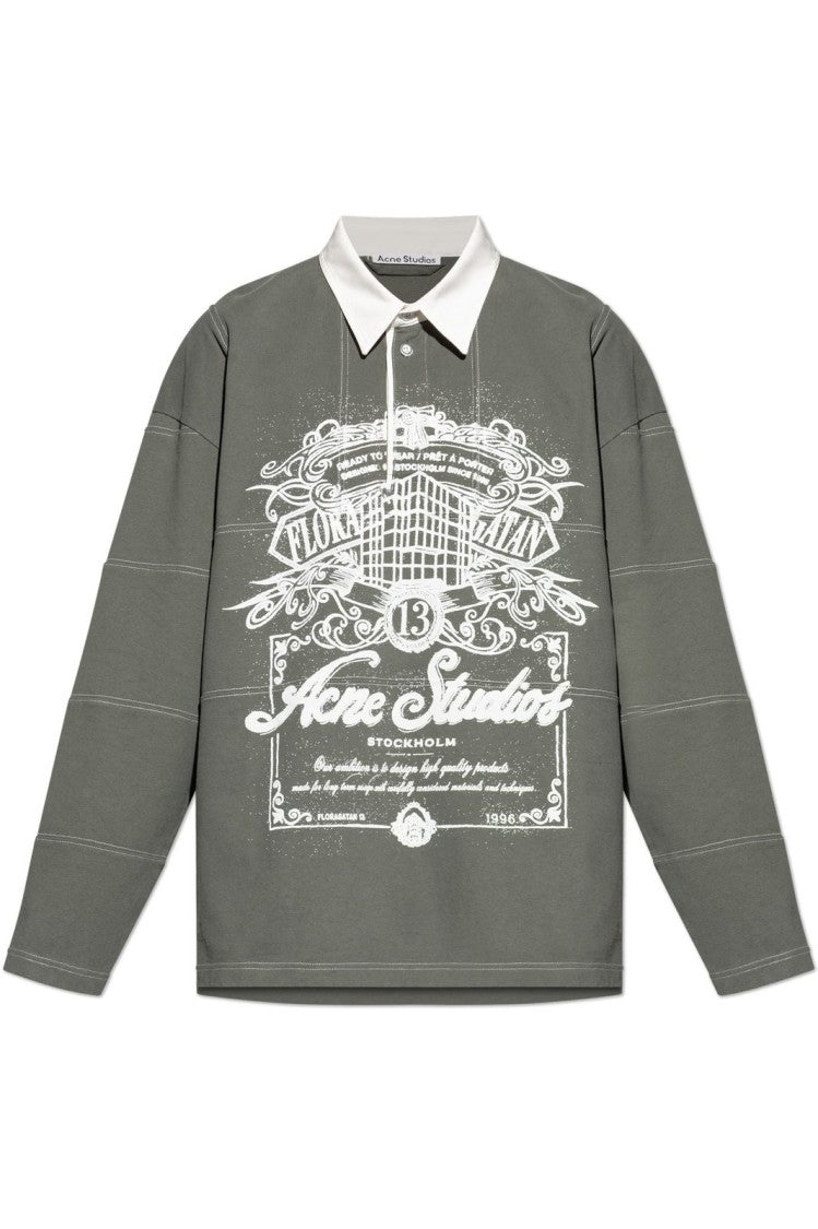 Acne Studios Olive Green Long-Sleeve Shirt With Contrasting White Collar And Graphic Print