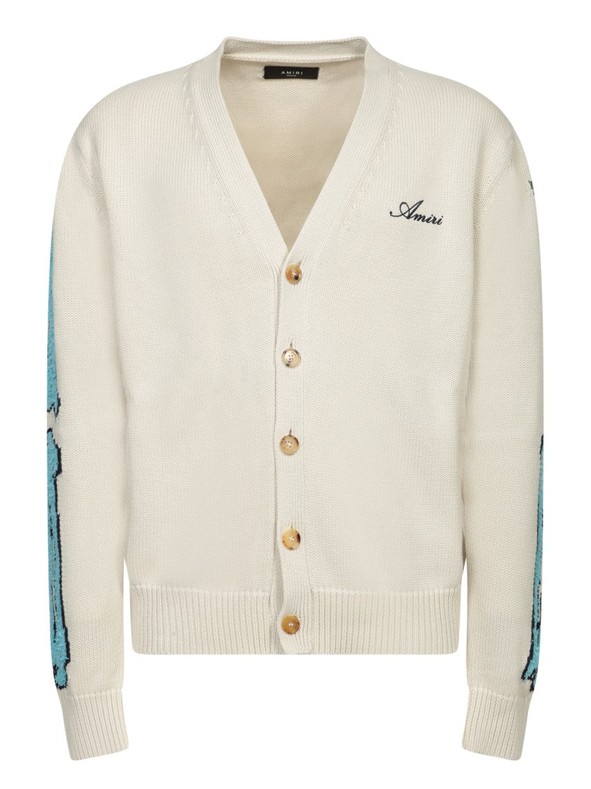 Amiri White Cardigan With Ribbed Details And Graphic Accents
