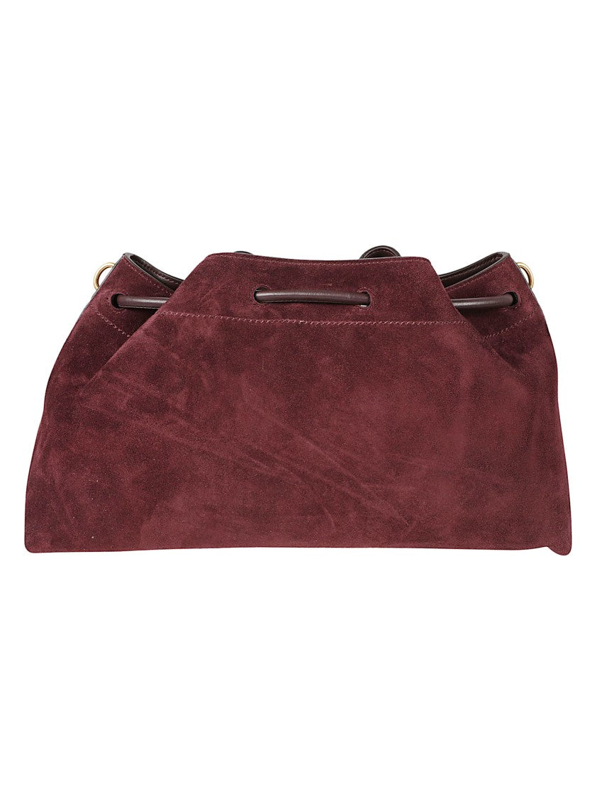 Jimmy Choo Burgundy Suede Handbag With Drawstring Closure And Brass Accents