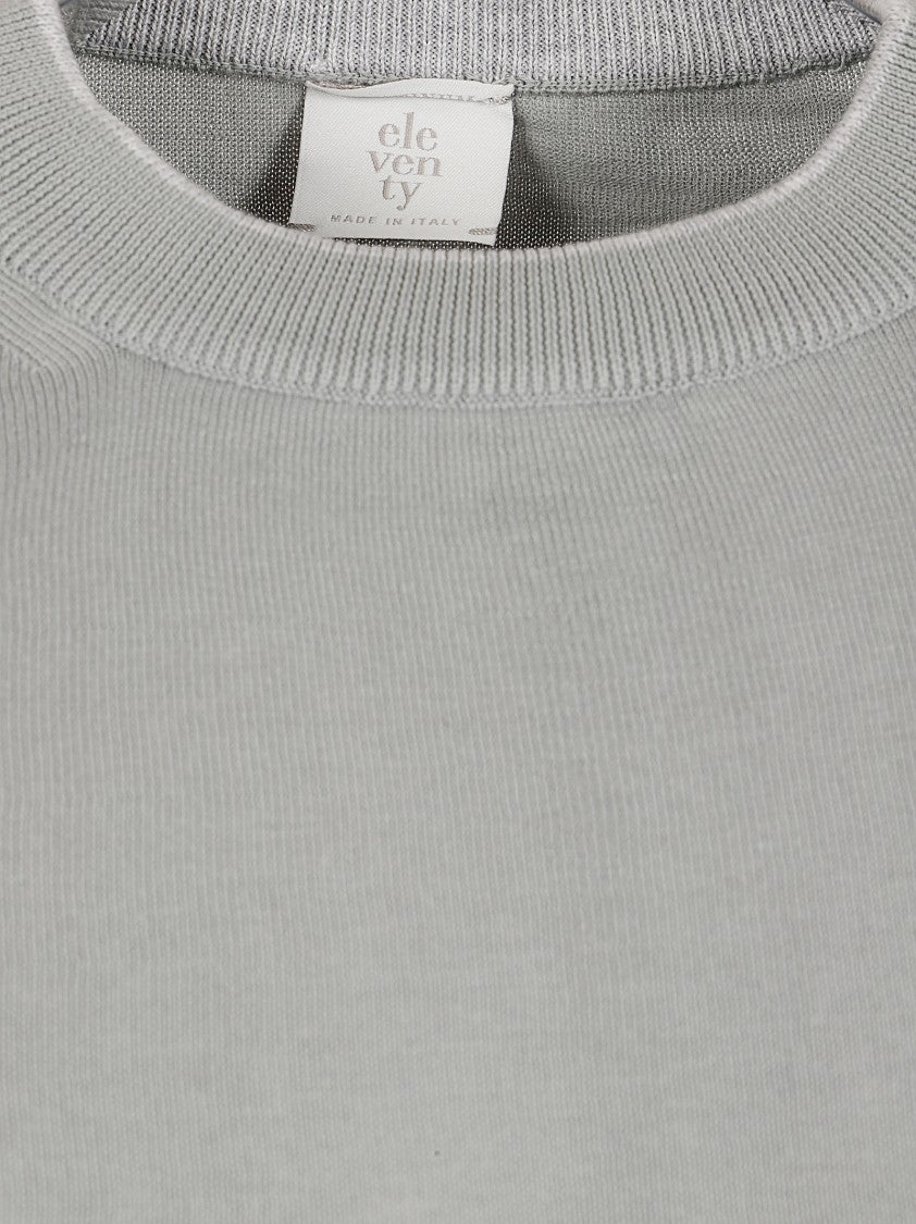 Eleventy Crew Neck Sweater In Lightweight Cotton With Ribbed Accents