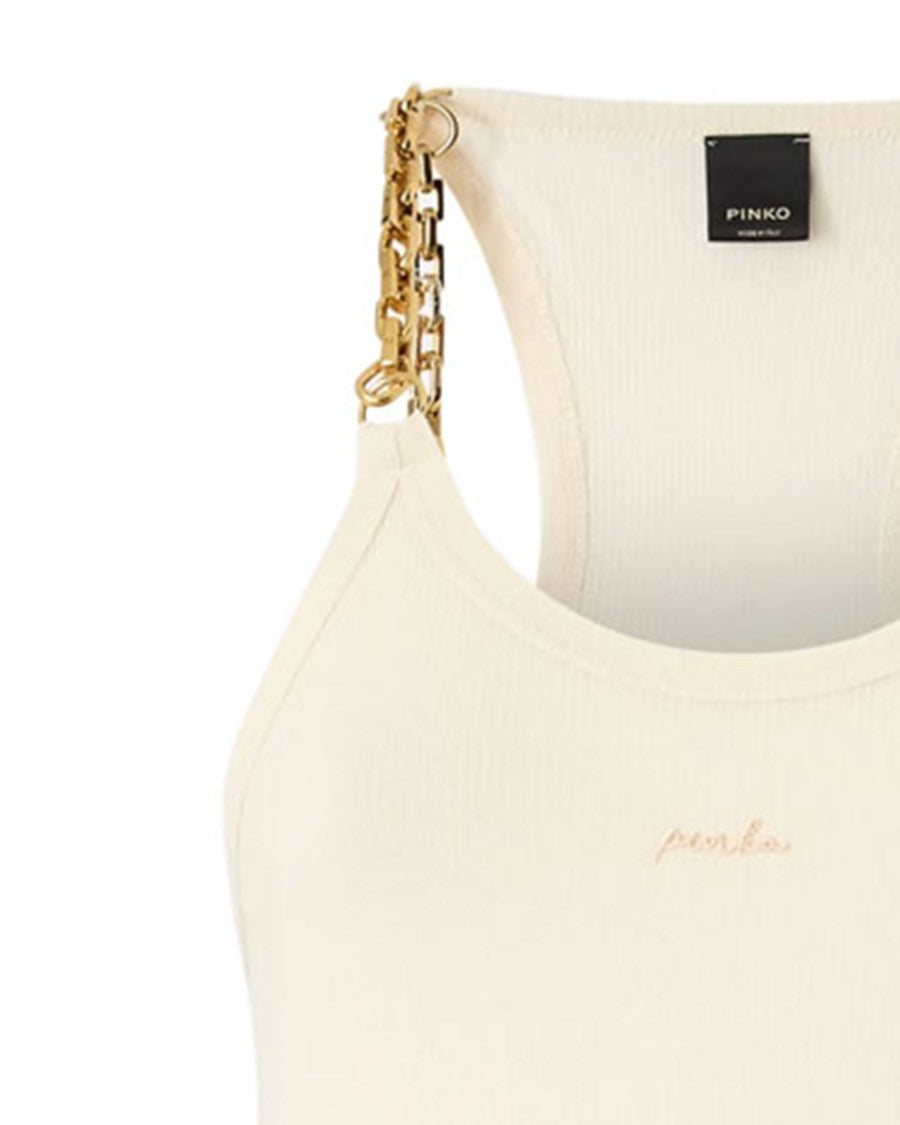 Pinko Fitted Beige Sleeveless Tank Top With Chain Detail