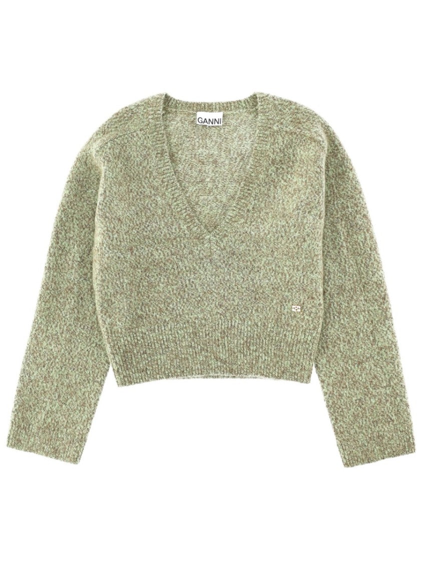 Ganni Green Cropped V-Neck Sweater