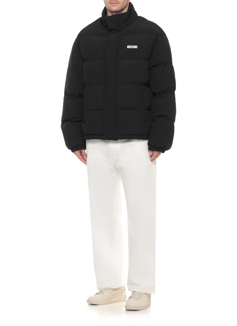 Moschino Black High Collar Drawstring Hem Short Padded Down Jacket