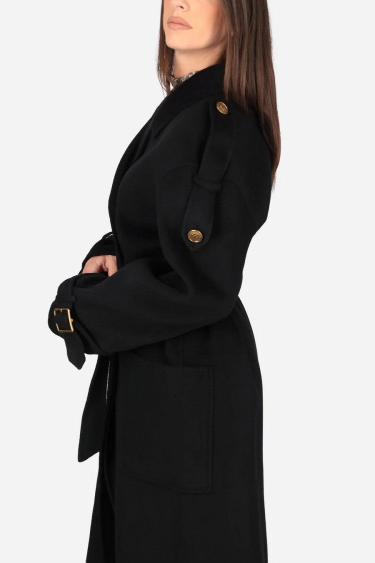 Elisabetta Franchi Black Double-Breasted Belted Wool Trench Coat