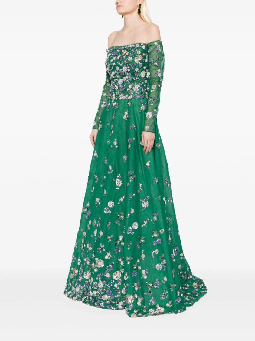 Saiid Kobeisy Tulle Beaded Dress With Off-Shoulder Sleeves