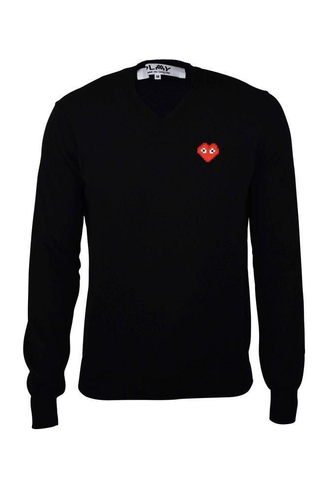 Comme Des Garçons V-Neck Wool Sweater With Iconic Heart Emblem