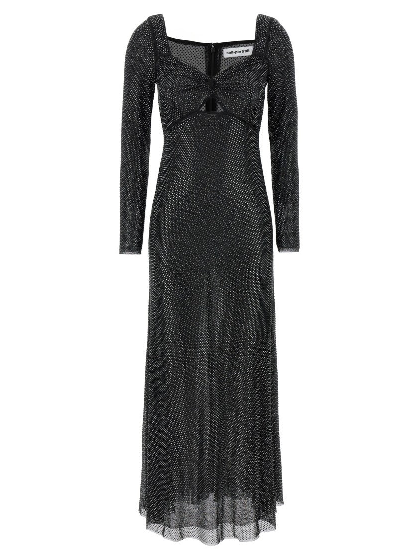 Self-Portrait 'Black Rhinestone Mesh Midi' Dress